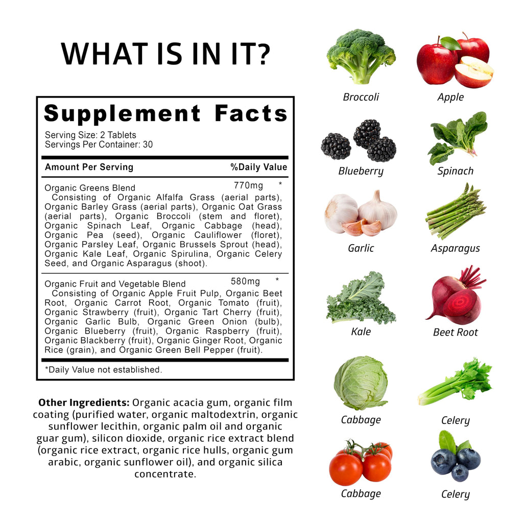 Number One Nutrition USDA Organic and Easy-to-Take Super Greens, Better Than Powder Fruits & Veggies Supplement with 28 Superfood Ingredients Like Alfalfa, Beet Root and Ginger, 60 Tablets