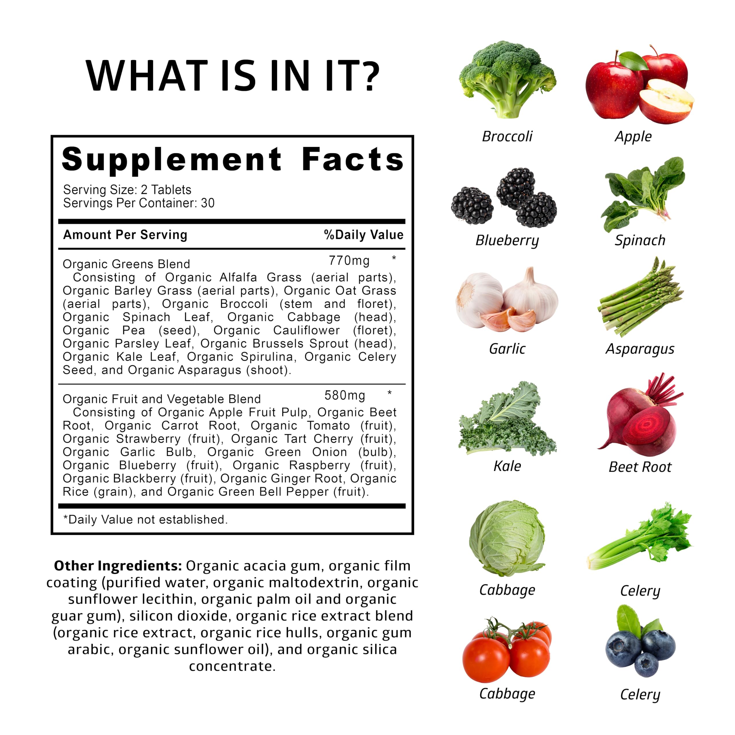 Number One Nutrition USDA Organic and Easy-to-Take Super Greens, Better Than Powder Fruits & Veggies Supplement with 28 Superfood Ingredients Like Alfalfa, Beet Root and Ginger, 60 Tablets