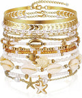 FAXHION Boho Gold Beaded Bracelets for Women, Starfish & Shell Pendant Bracelet Stack, Gold Bracelet Set Summer Beach Jewelry Gifts