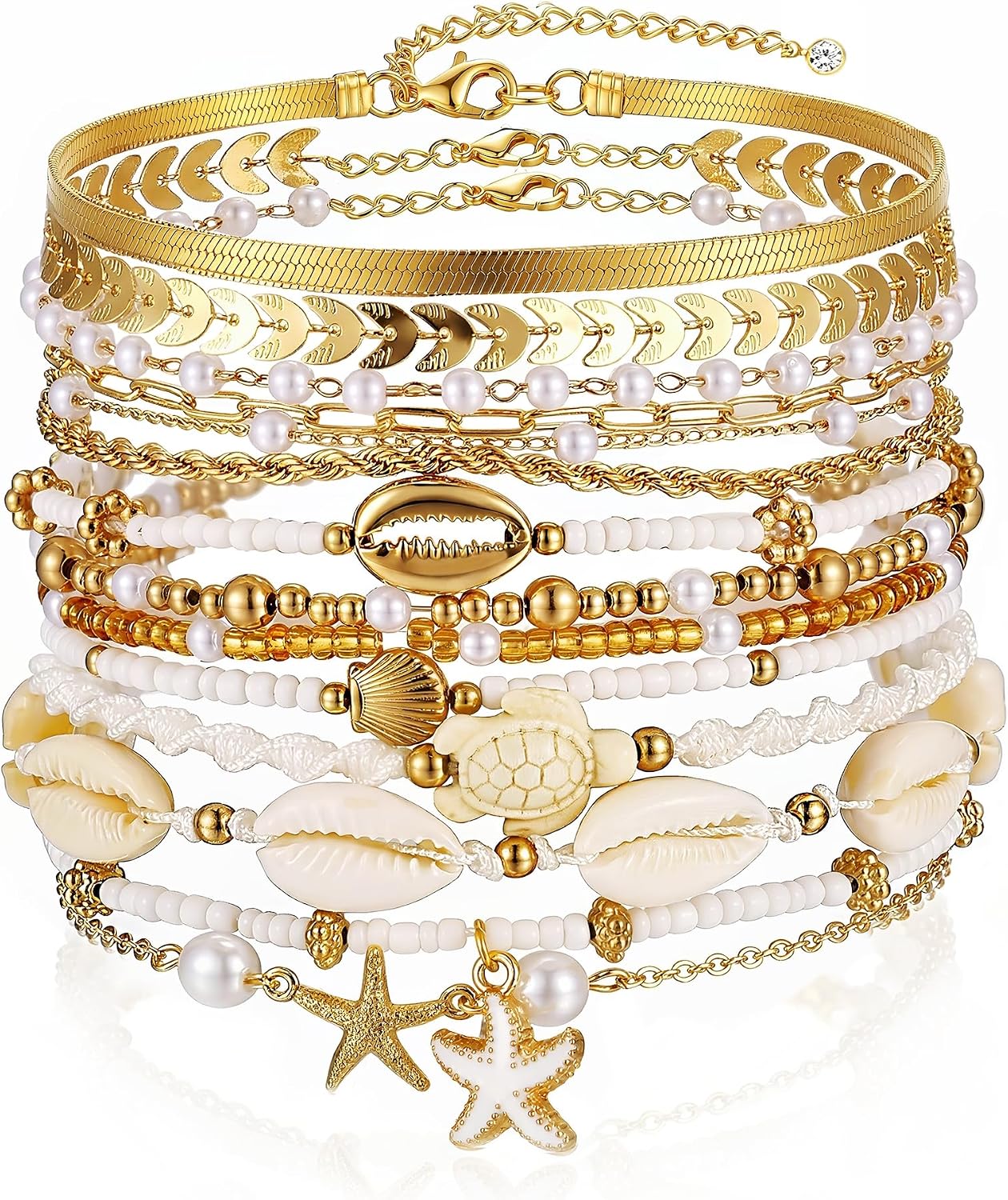 FAXHION Boho Gold Beaded Bracelets for Women, Starfish & Shell Pendant Bracelet Stack, Gold Bracelet Set Summer Beach Jewelry Gifts