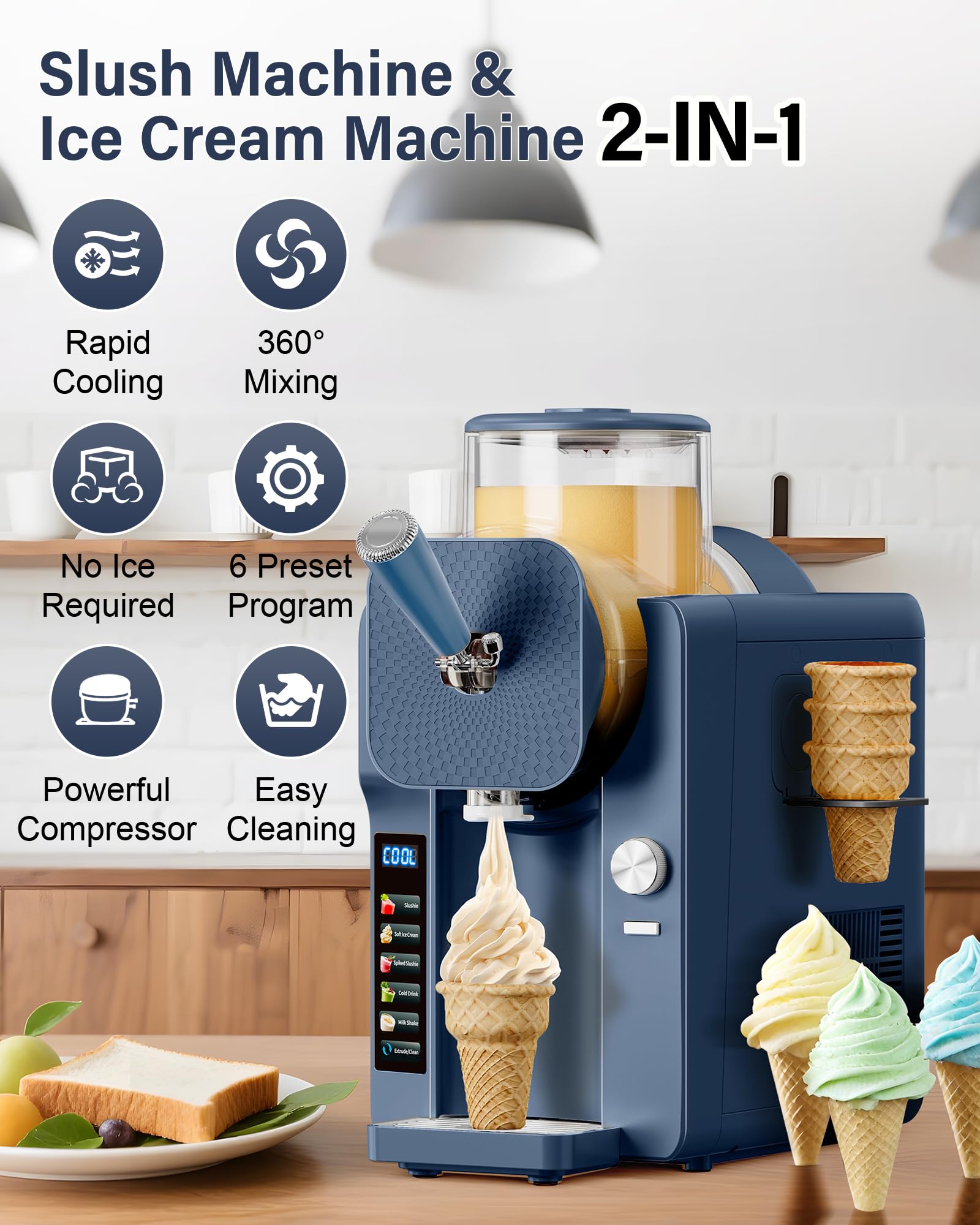 Slush Machine & Ice Cream Maker Machine 2-IN-1, for Smoothies, Margarita | 6 Modes for Smoothies, Milkshakes, Margarita, and Ice Cream, Double-Layer Tank, With Ice Cream Cone Holder, Home Use