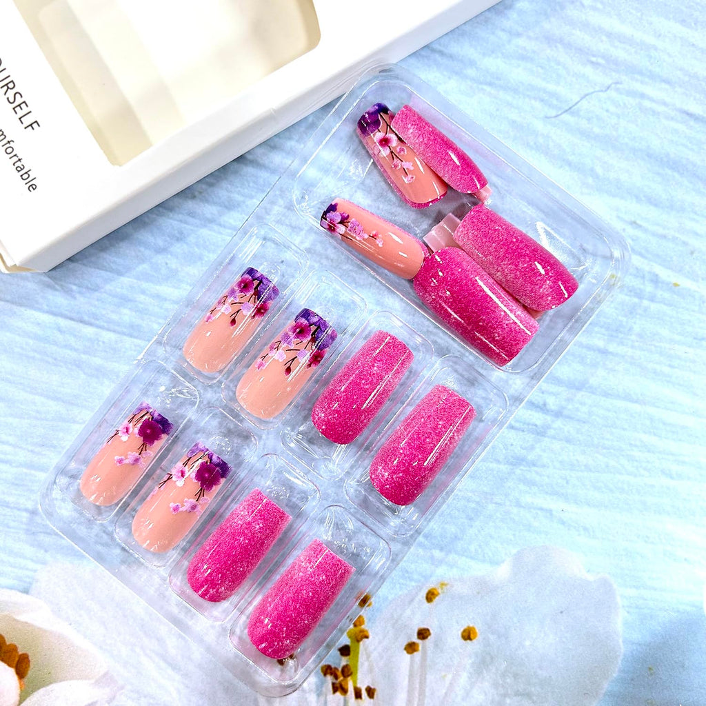 Glitter Powder Love Heart Press on Nails Long Square Gold Glitter Stripes Design Blue Gradient Acrylic Fake Nail Full Cover Glossy Artificial Fingernails DIY Reusable Glue on Nails for Women 24Pcs