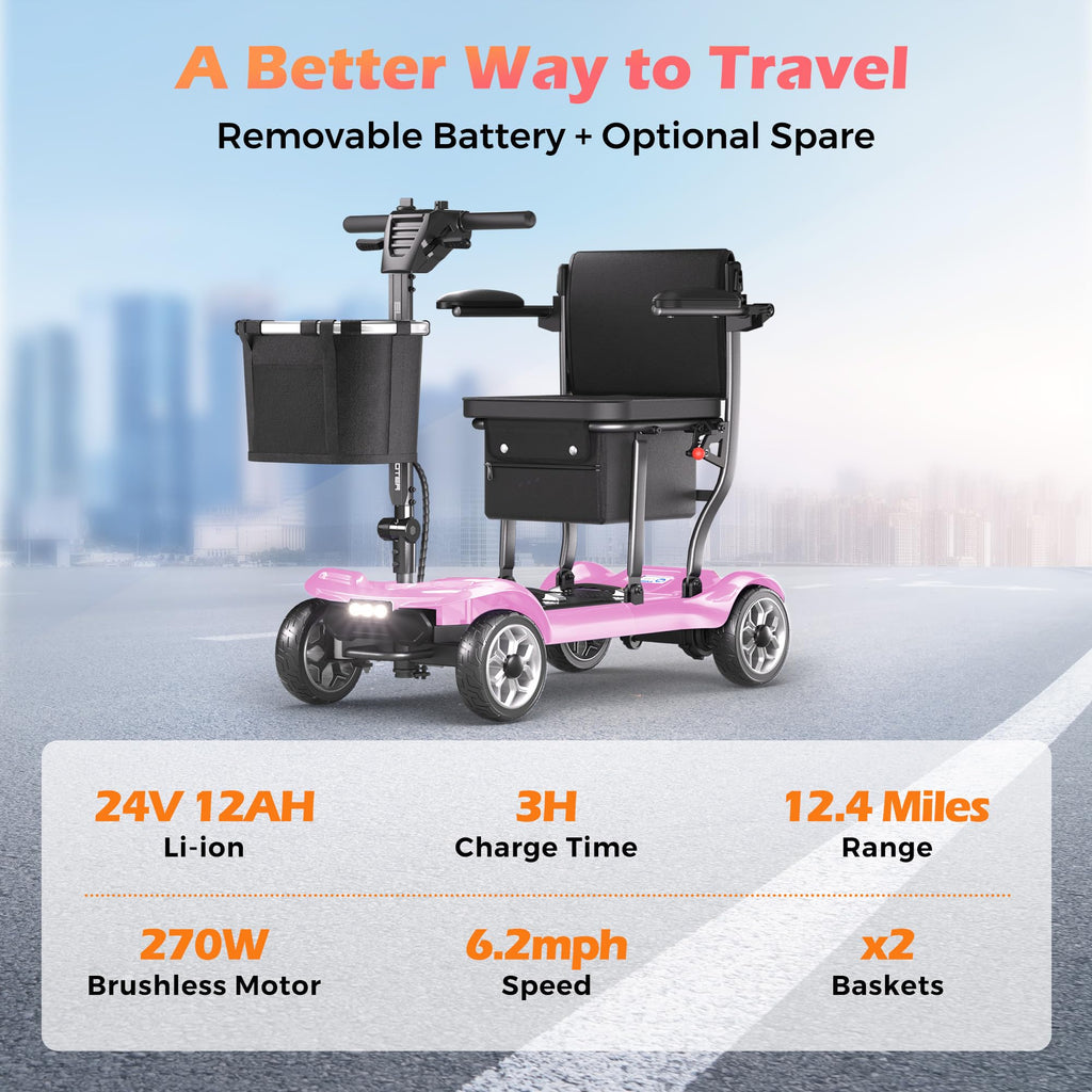 Lightweight Mobility Scooter for Seniors & Adults - Cruise & Airport Approved, 43lb Foldable Portable Motorized Scooters with Removable Lithium Battery for 12.4 Miles Travel, 300lb Capacity, Red