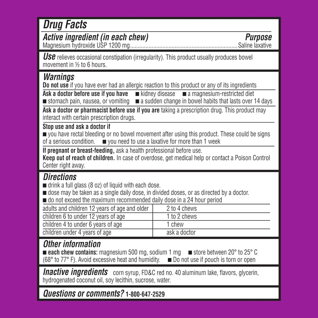MiraFAST Soft Chews, from the Makers of MiraLAX, Gentle Constipation Relief, Fast Acting, Stimulant Free Saline Laxative, Magnesium Hydroxide, Blueberry & Raspberry Flavor, 60ct