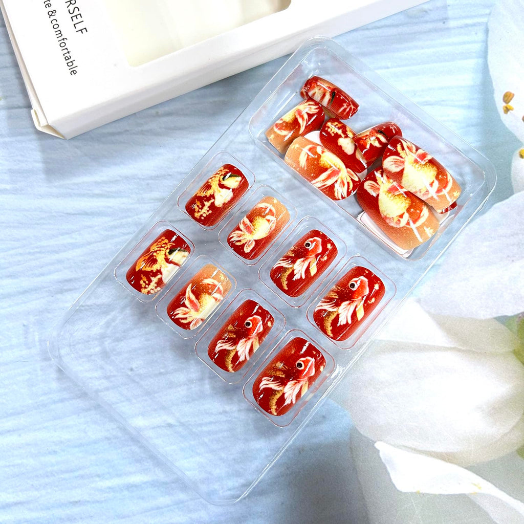Glitter Powder Love Heart Press on Nails Long Square Gold Glitter Stripes Design Blue Gradient Acrylic Fake Nail Full Cover Glossy Artificial Fingernails DIY Reusable Glue on Nails for Women 24Pcs