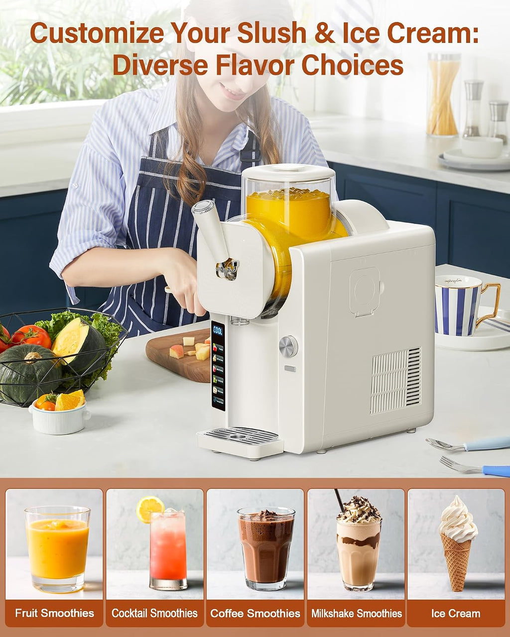 Slush Machine & Ice Cream Maker Machine 2-IN-1, for Smoothies, Margarita | 6 Modes for Smoothies, Milkshakes, Margarita, and Ice Cream, Double-Layer Tank, With Ice Cream Cone Holder, Home Use