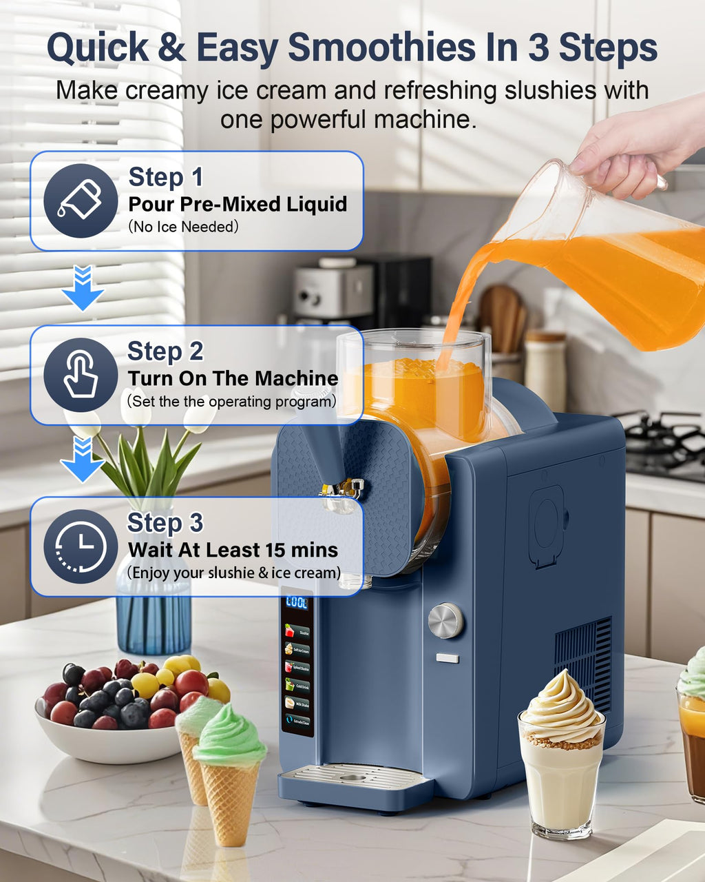 Slush Machine & Ice Cream Maker Machine 2-IN-1, for Smoothies, Margarita | 6 Modes for Smoothies, Milkshakes, Margarita, and Ice Cream, Double-Layer Tank, With Ice Cream Cone Holder, Home Use