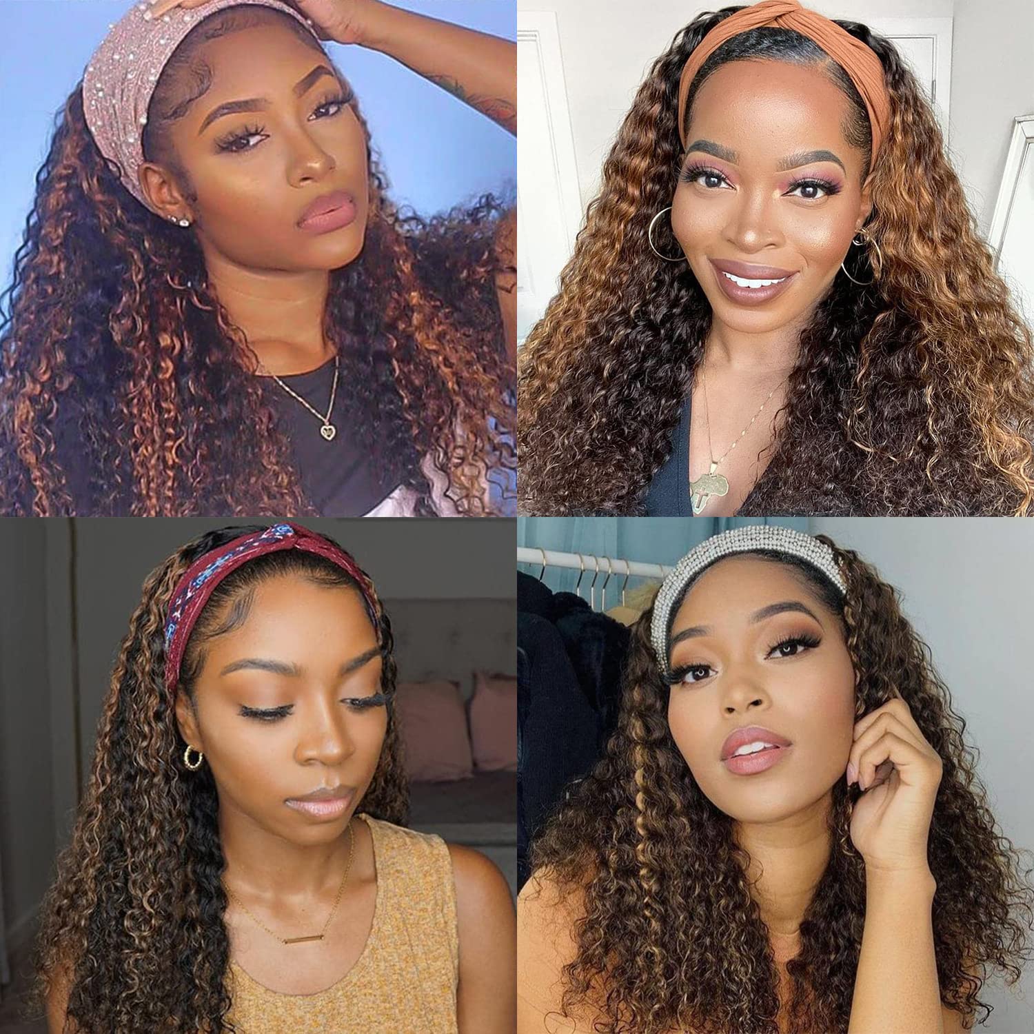 Aiterina Headband Wig Deep Wave 12 Inch Human Hair Headband Wig Curly hair Glueless Human Hair Wigs Machine Made No Lace deep Curly Headband Wigs Natural color