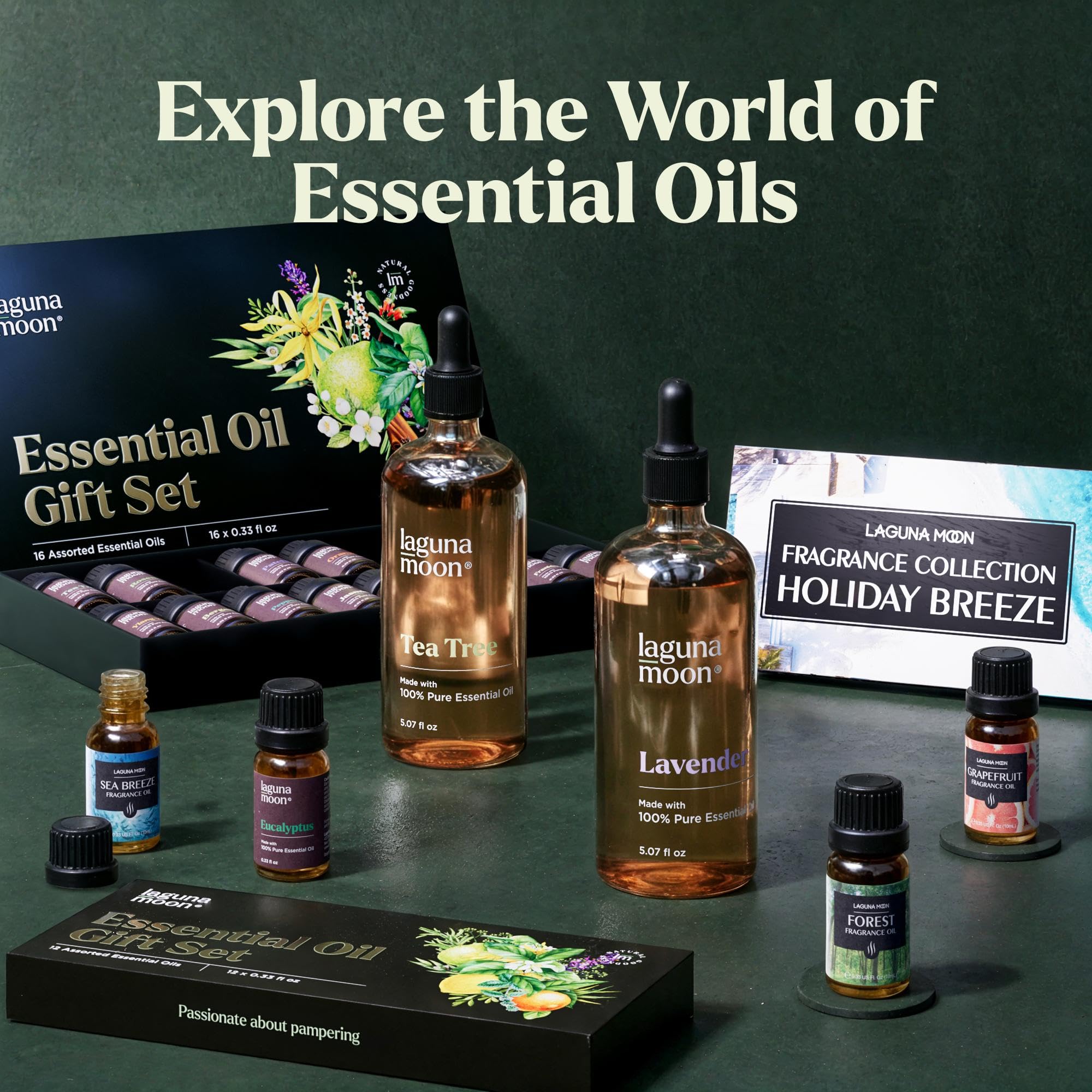 Lagunamoon Essential Oils Aromatherapy Set - 6 Oils for Diffusers, Home Care, Candle Making Scents, Fragrance, Humidifiers, Gifts - Peppermint, Tea Tree, Lavender, Eucalyptus, Orange (10mL)