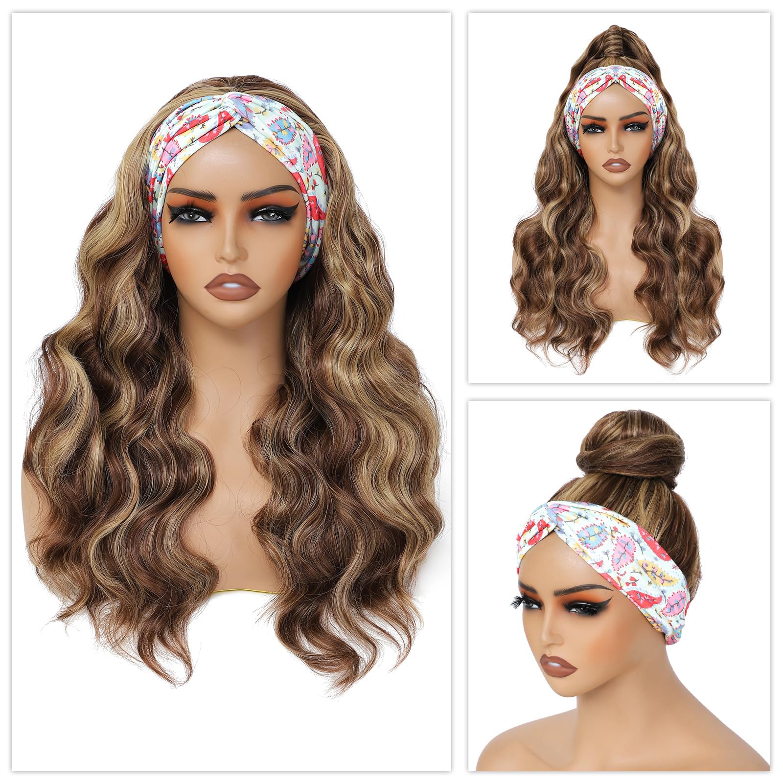 Long Wavy Headband Wig for Women Black Wigs with Brown Blonde Highlight 200% Denisty Headband Wigs Put On and Go Glueless Wig Long Synthetic Wig for Women Party Daliy Use