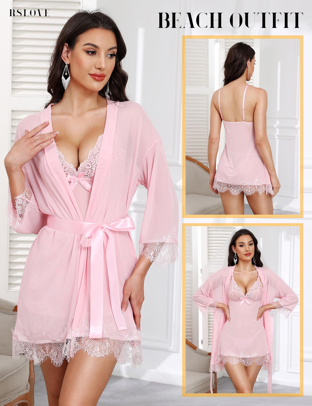 RSLOVE Women Sexy Lingerie Set 3 Piece Babydoll & Lace Kimono Robe Strap Chemise Sleepwear Mesh Nightgown