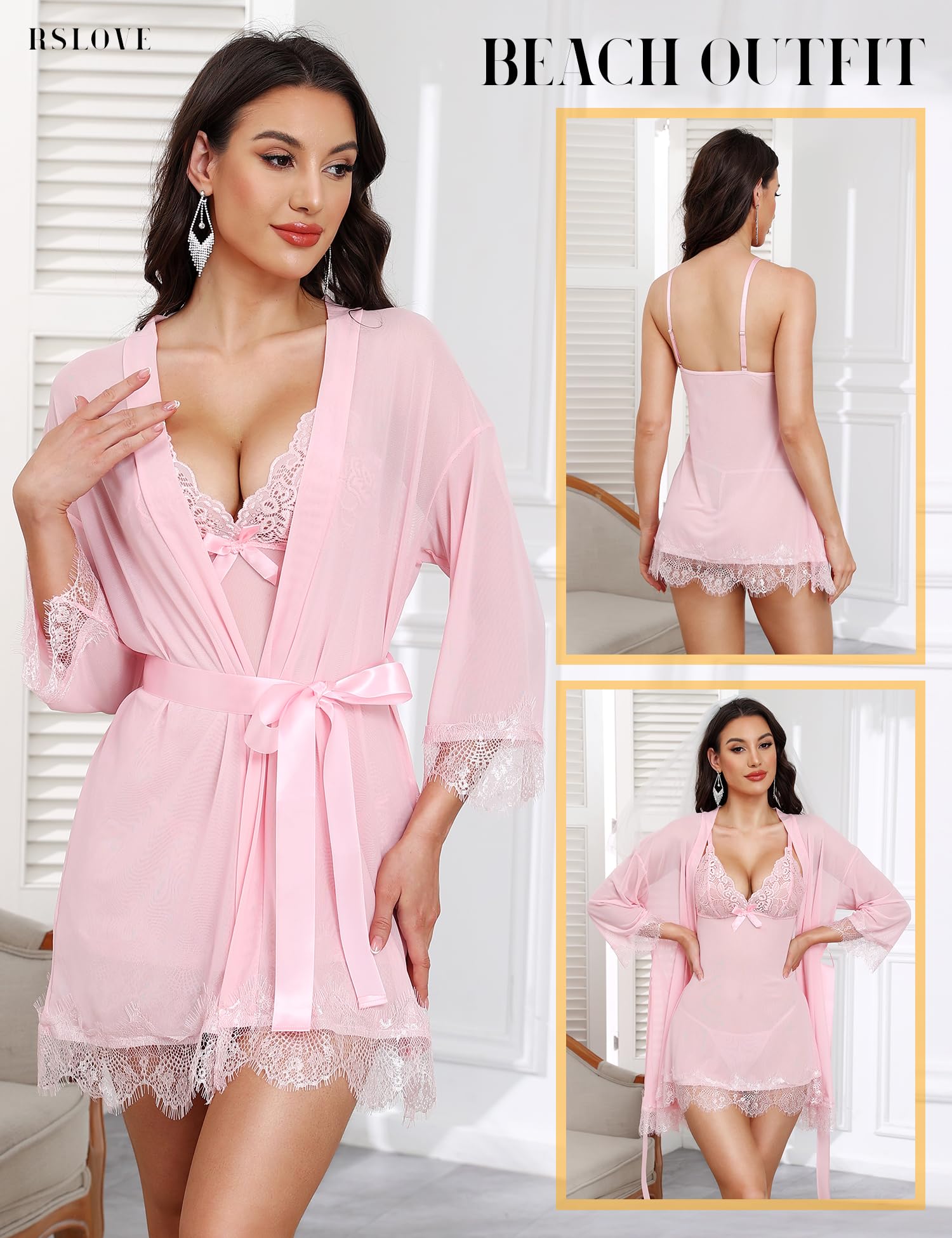 RSLOVE Women Sexy Lingerie Set 3 Piece Babydoll & Lace Kimono Robe Strap Chemise Sleepwear Mesh Nightgown
