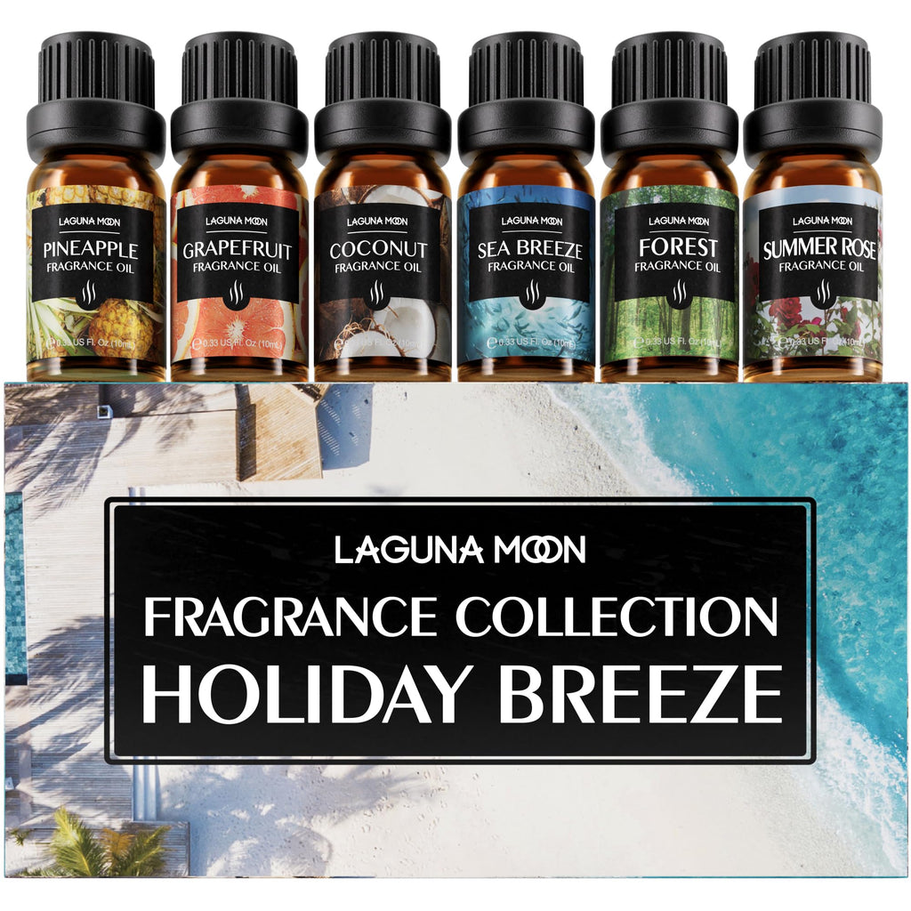 Lagunamoon Essential Oils Aromatherapy Set - 6 Oils for Diffusers, Home Care, Candle Making Scents, Fragrance, Humidifiers, Gifts - Peppermint, Tea Tree, Lavender, Eucalyptus, Orange (10mL)