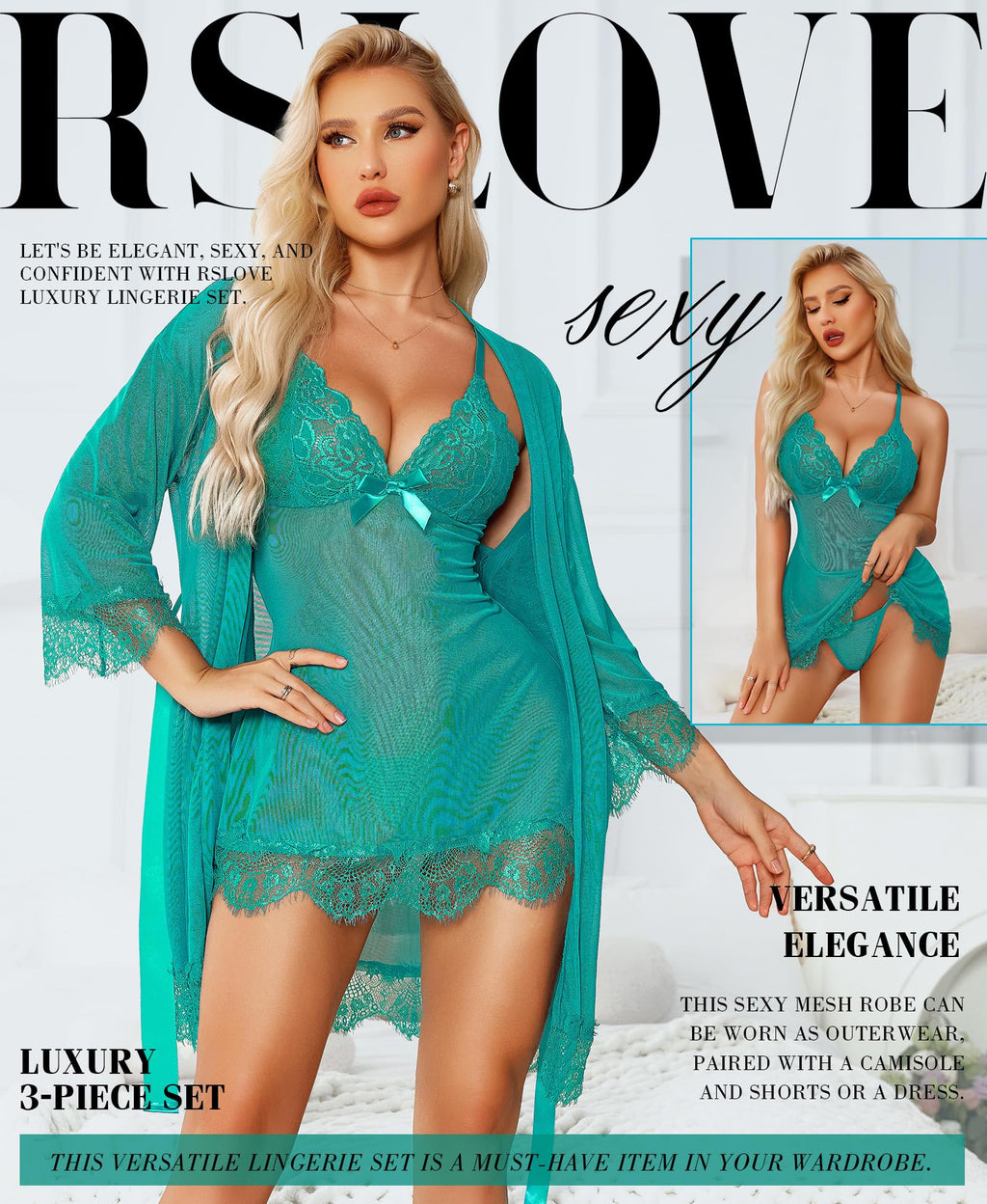 RSLOVE Women Sexy Lingerie Set 3 Piece Babydoll & Lace Kimono Robe Strap Chemise Sleepwear Mesh Nightgown