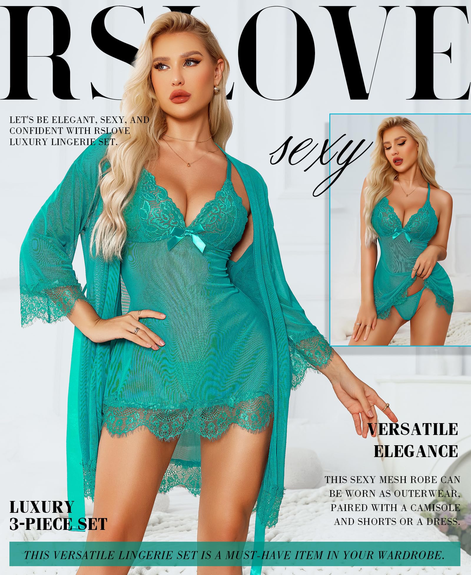 RSLOVE Women Sexy Lingerie Set 3 Piece Babydoll & Lace Kimono Robe Strap Chemise Sleepwear Mesh Nightgown