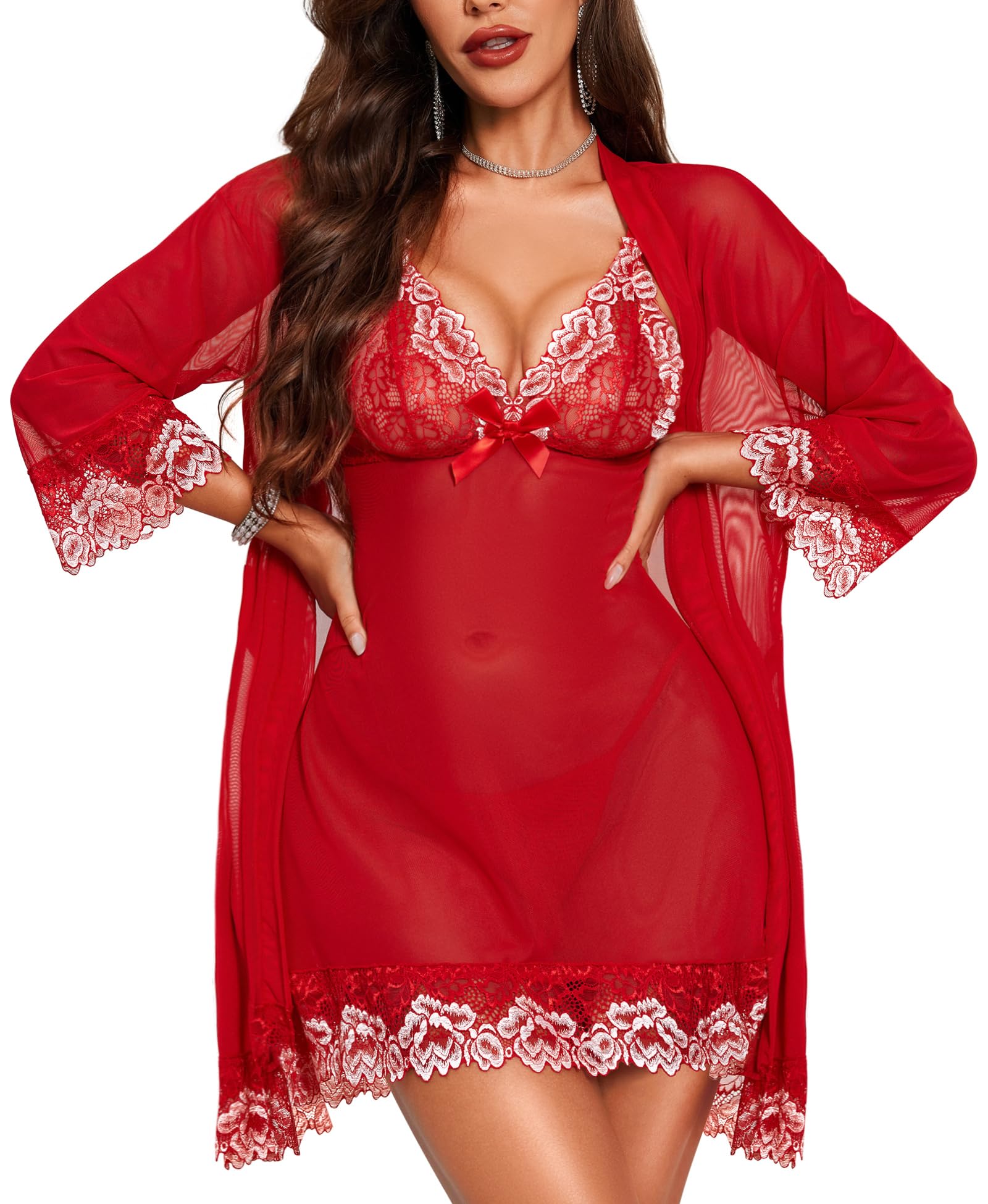 RSLOVE Women Sexy Lingerie Set 3 Piece Babydoll & Lace Kimono Robe Strap Chemise Sleepwear Mesh Nightgown
