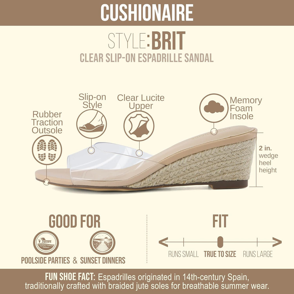 CUSHIONAIRE Brit Dress Wedge Sandals for Women, Clear Slip-On Espadrille Heels with Soft Memory Foam Comfort