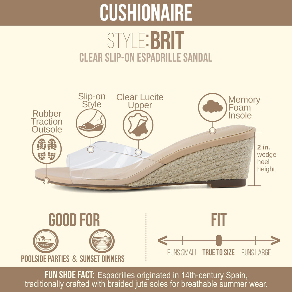 CUSHIONAIRE Brit Dress Wedge Sandals for Women, Clear Slip-On Espadrille Heels with Soft Memory Foam Comfort