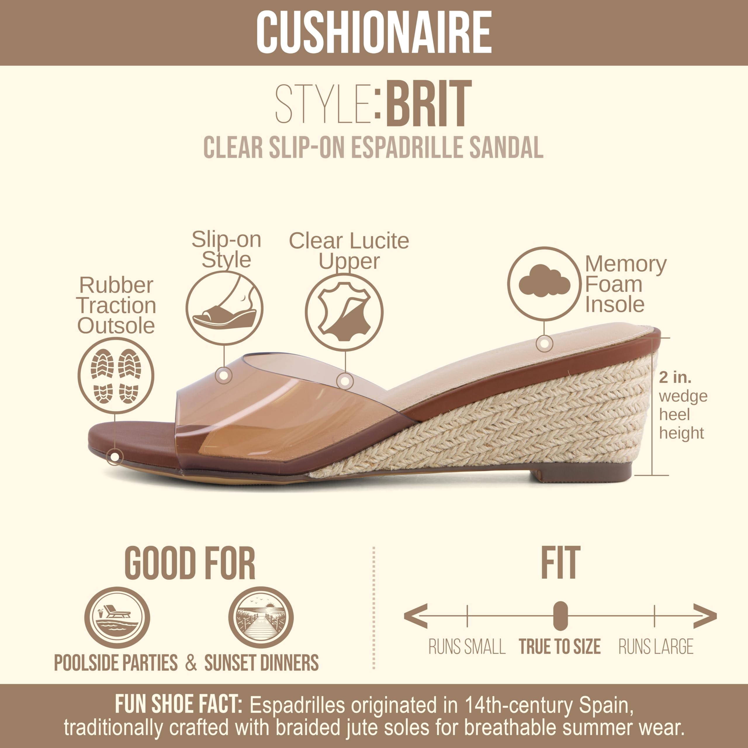 CUSHIONAIRE Brit Dress Wedge Sandals for Women, Clear Slip-On Espadrille Heels with Soft Memory Foam Comfort
