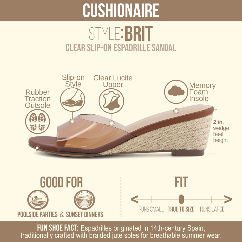 CUSHIONAIRE Brit Dress Wedge Sandals for Women, Clear Slip-On Espadrille Heels with Soft Memory Foam Comfort