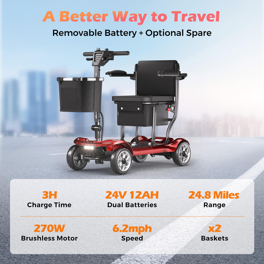 Lightweight Mobility Scooter for Seniors & Adults - Cruise & Airport Approved, 43lb Foldable Portable Motorized Scooters with Removable Lithium Battery for 12.4 Miles Travel, 300lb Capacity, Red