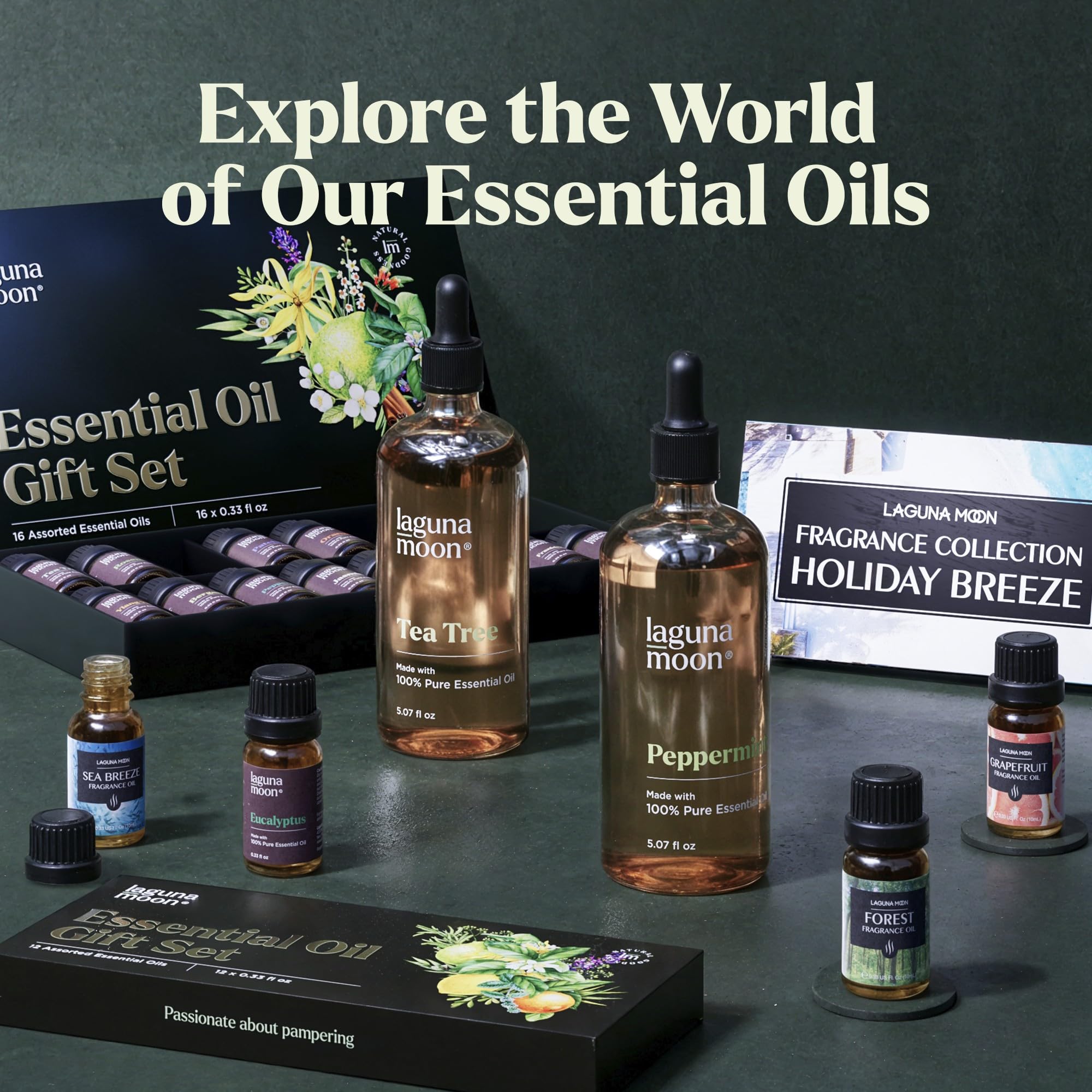 Lagunamoon Essential Oils Aromatherapy Set - 6 Oils for Diffusers, Home Care, Candle Making Scents, Fragrance, Humidifiers, Gifts - Peppermint, Tea Tree, Lavender, Eucalyptus, Orange (10mL)