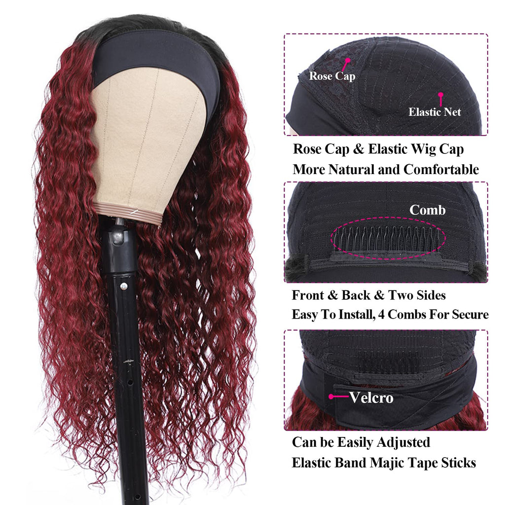 Aiterina Headband Wig Deep Wave 12 Inch Human Hair Headband Wig Curly hair Glueless Human Hair Wigs Machine Made No Lace deep Curly Headband Wigs Natural color