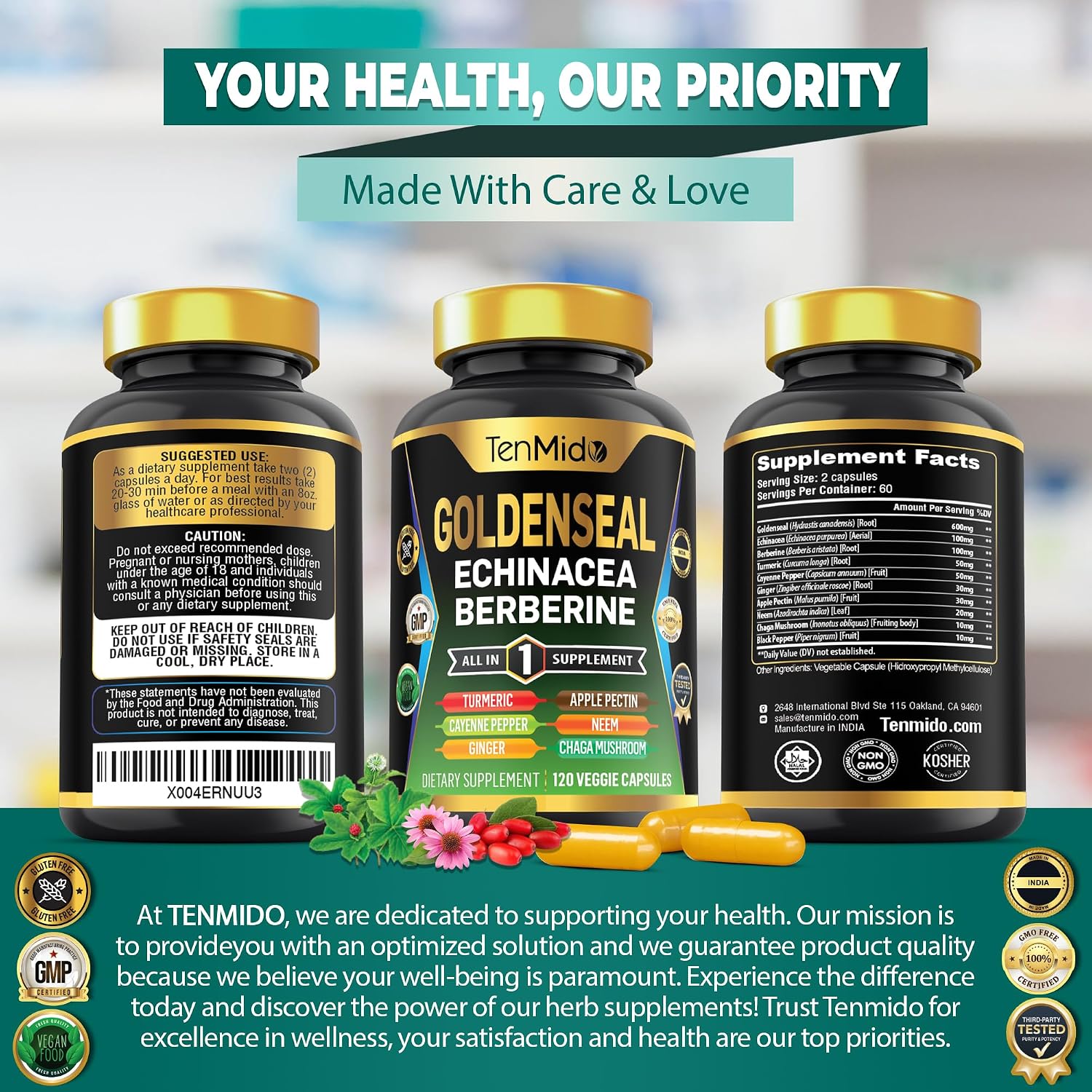 Goldenseal Root Supplement - 10in1 Formula - Combine with Echinacea, Berberine, Turmeric, Cayenne Pepper, Ginger, Apple Pectin, Neem, & More - Digestive Health Support - 120 Capsules