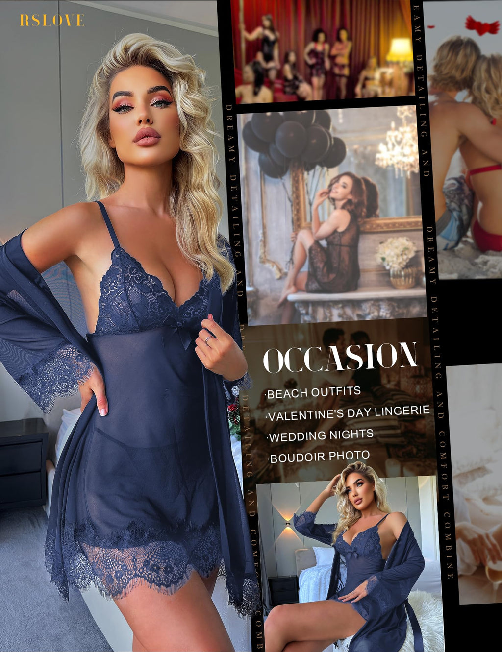 RSLOVE Women Sexy Lingerie Set 3 Piece Babydoll & Lace Kimono Robe Strap Chemise Sleepwear Mesh Nightgown