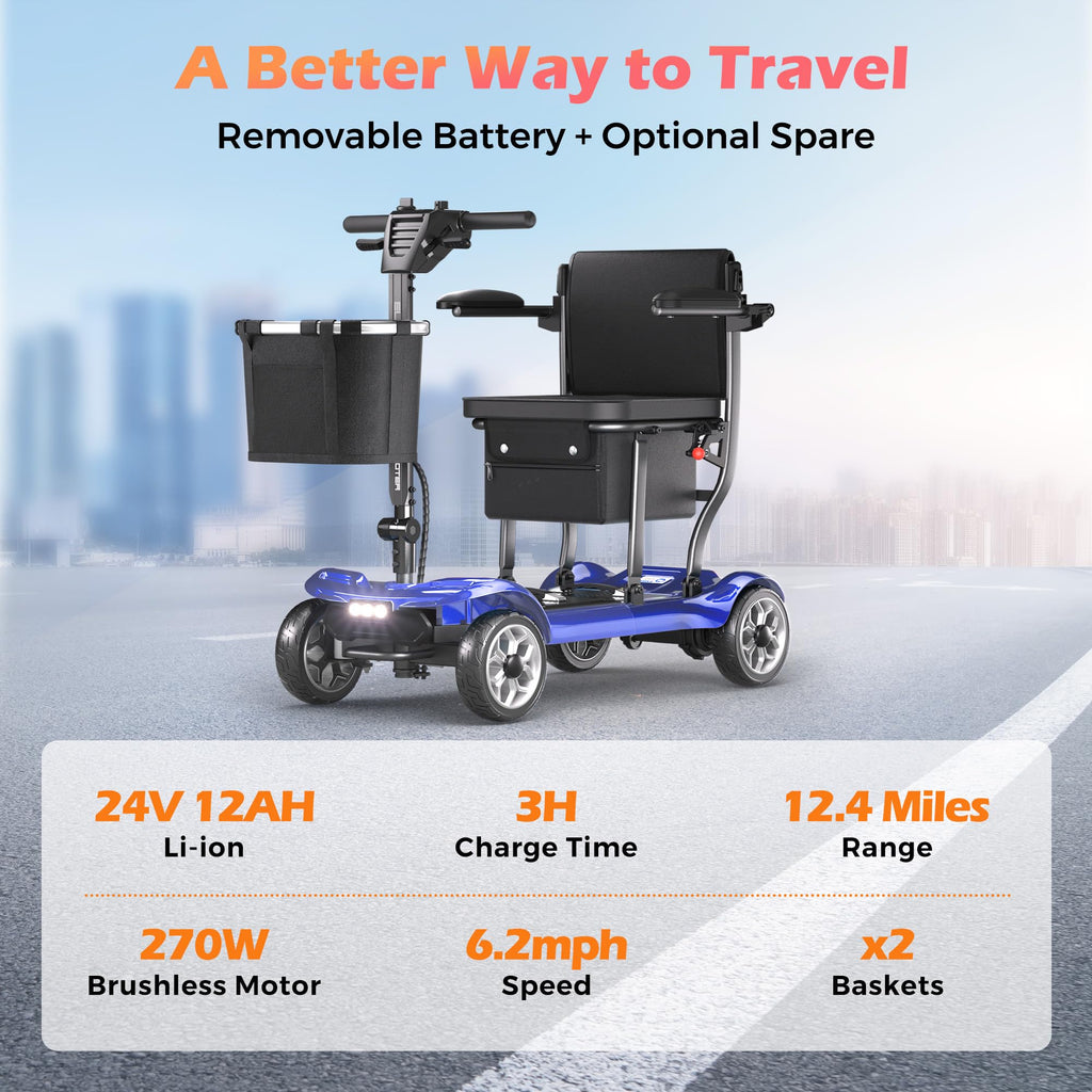 Lightweight Mobility Scooter for Seniors & Adults - Cruise & Airport Approved, 43lb Foldable Portable Motorized Scooters with Removable Lithium Battery for 12.4 Miles Travel, 300lb Capacity, Red