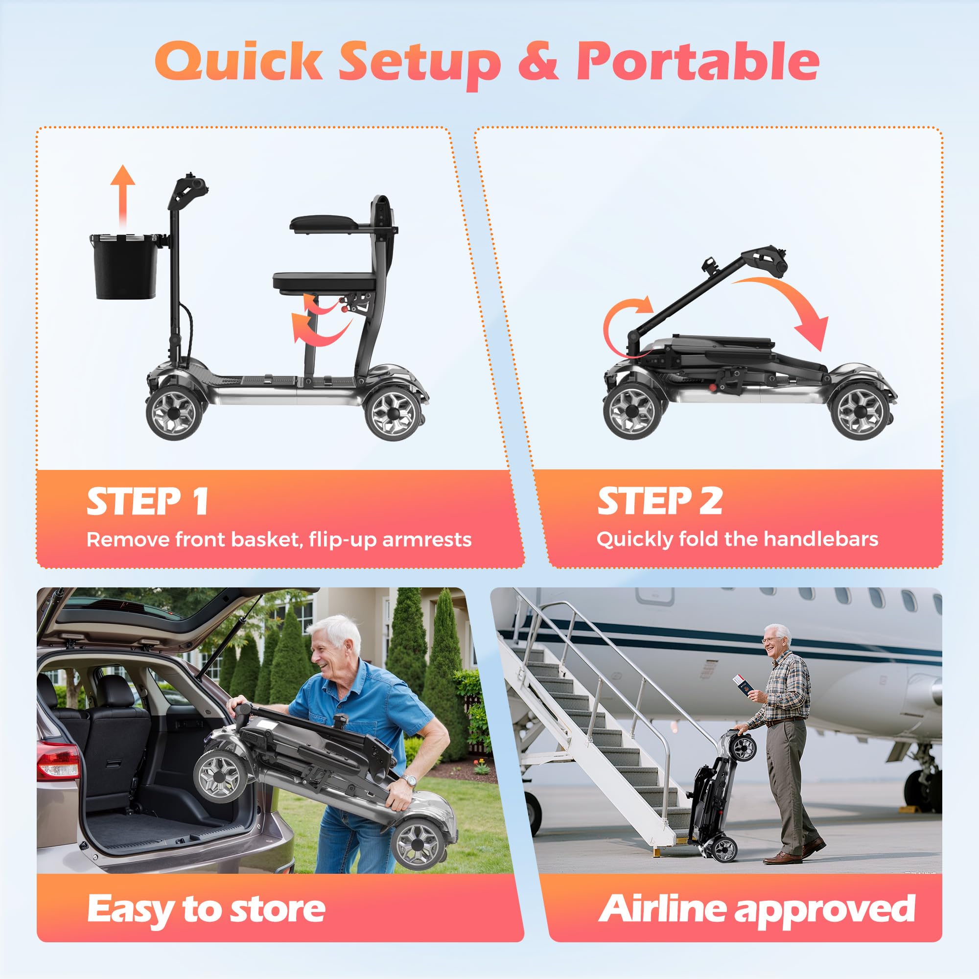 Lightweight Mobility Scooter for Seniors & Adults - Cruise & Airport Approved, 43lb Foldable Portable Motorized Scooters with Removable Lithium Battery for 12.4 Miles Travel, 300lb Capacity, Red