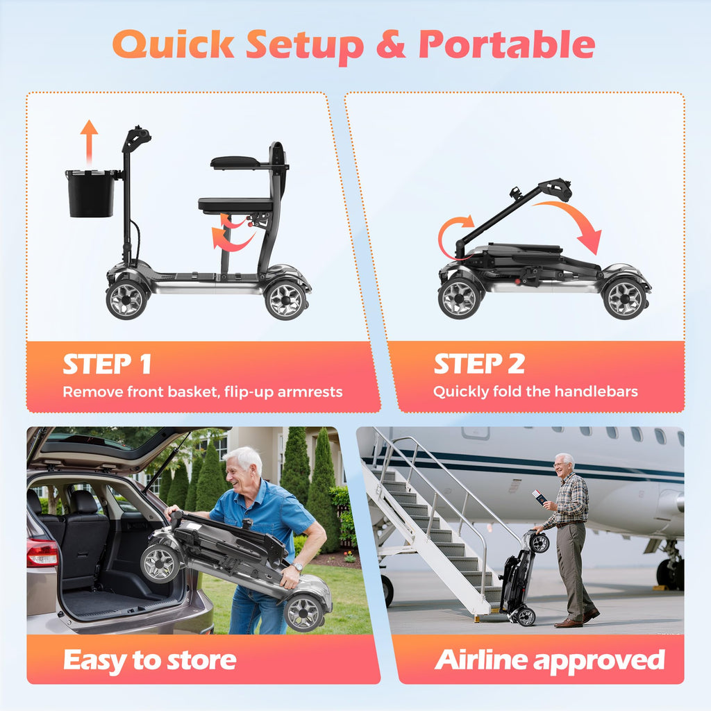 Lightweight Mobility Scooter for Seniors & Adults - Cruise & Airport Approved, 43lb Foldable Portable Motorized Scooters with Removable Lithium Battery for 12.4 Miles Travel, 300lb Capacity, Red
