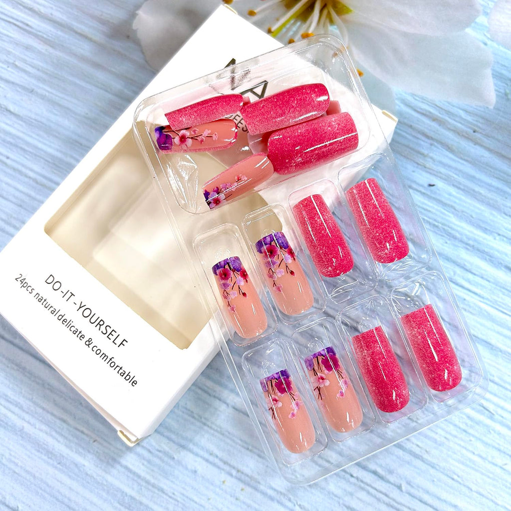 Glitter Powder Love Heart Press on Nails Long Square Gold Glitter Stripes Design Blue Gradient Acrylic Fake Nail Full Cover Glossy Artificial Fingernails DIY Reusable Glue on Nails for Women 24Pcs