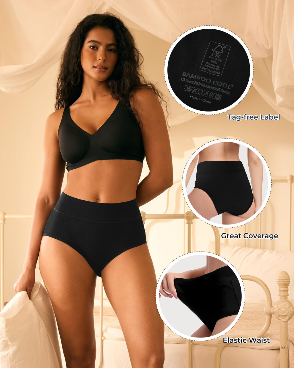 BAMBOO COOL Women's Underwear High Waisted Briefs Full Coverage Soft and Breathable Panties, 5-Pack