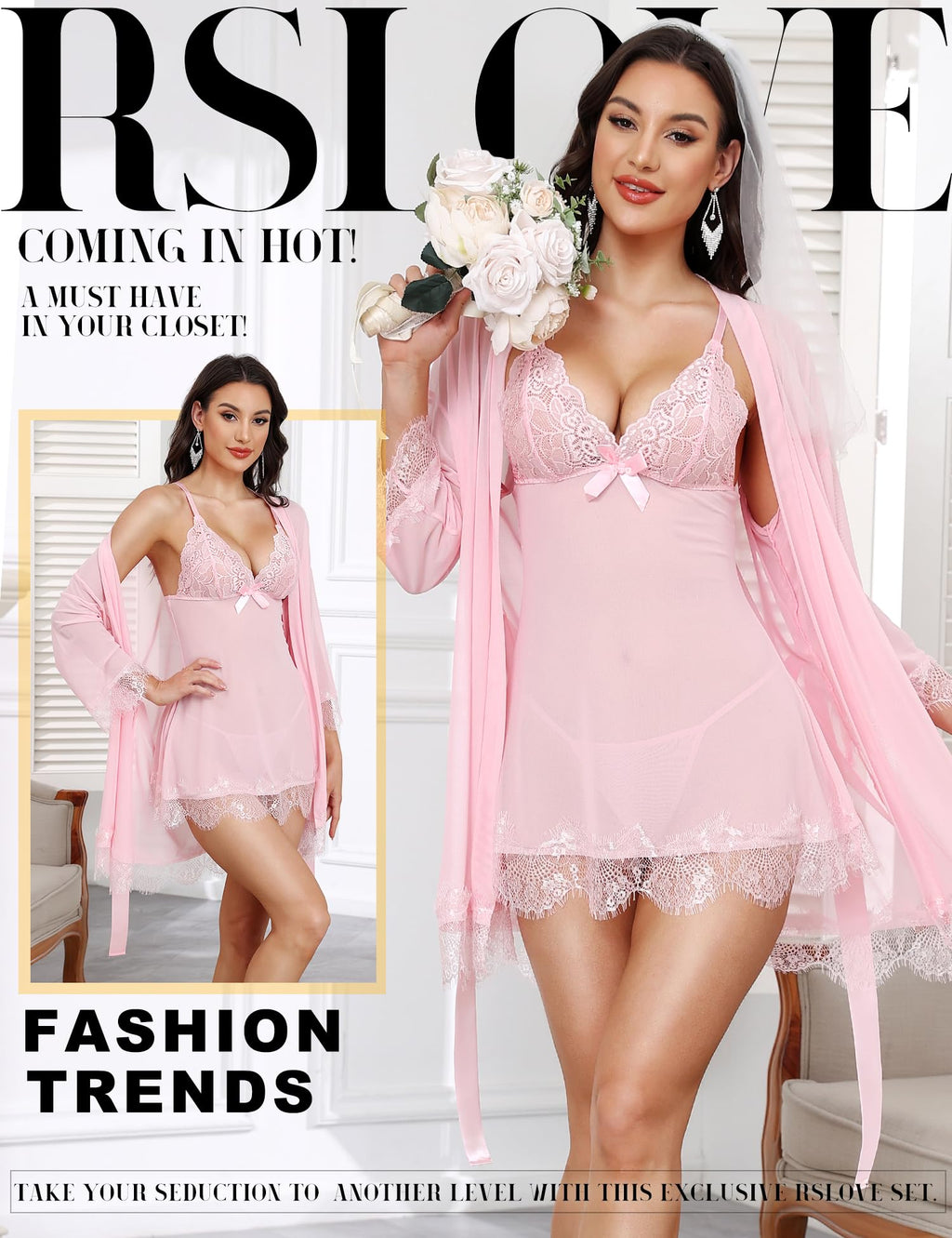 RSLOVE Women Sexy Lingerie Set 3 Piece Babydoll & Lace Kimono Robe Strap Chemise Sleepwear Mesh Nightgown