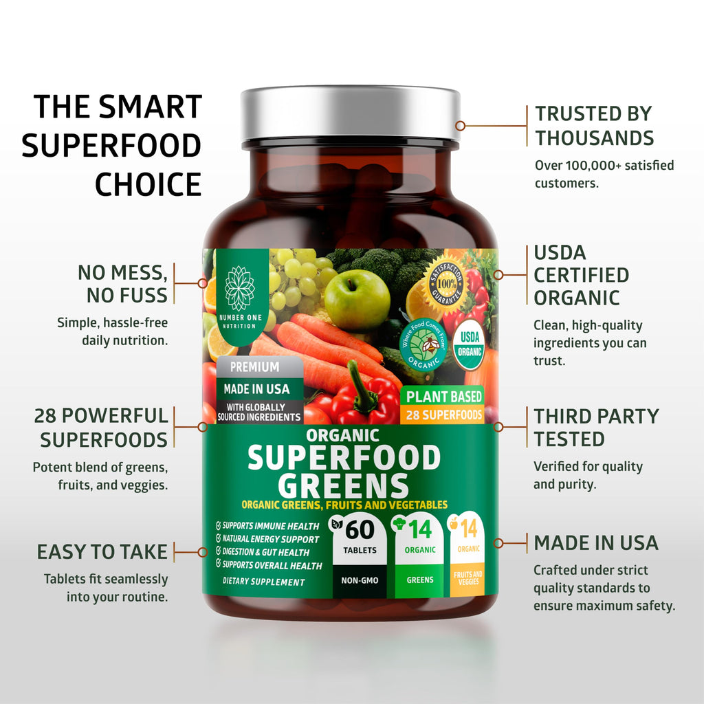 Number One Nutrition USDA Organic and Easy-to-Take Super Greens, Better Than Powder Fruits & Veggies Supplement with 28 Superfood Ingredients Like Alfalfa, Beet Root and Ginger, 60 Tablets