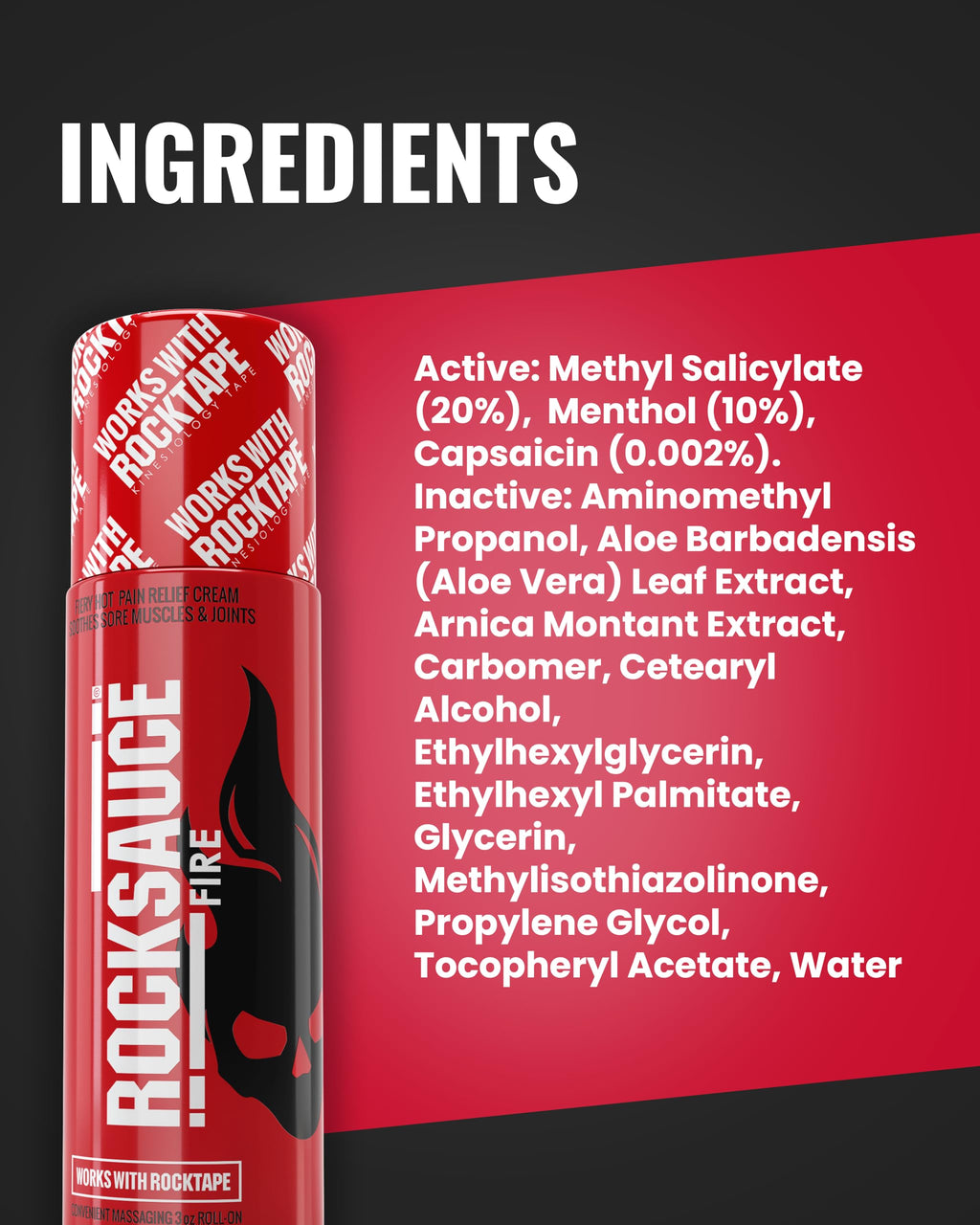 RockSauce Fire, 3 oz Roll-On - Easy to use Pain Relief Cream - Capsaicin & Menthol Formula Relieves Muscle & Joint Pain - Works w/ RockTape - No-Mess Applicator - Dye-Free, Won't Stain Clothes