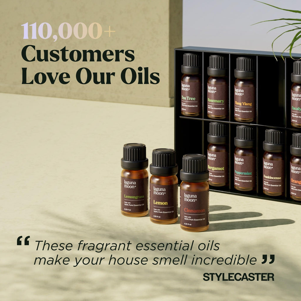 Lagunamoon Essential Oils Aromatherapy Set - 6 Oils for Diffusers, Home Care, Candle Making Scents, Fragrance, Humidifiers, Gifts - Peppermint, Tea Tree, Lavender, Eucalyptus, Orange (10mL)
