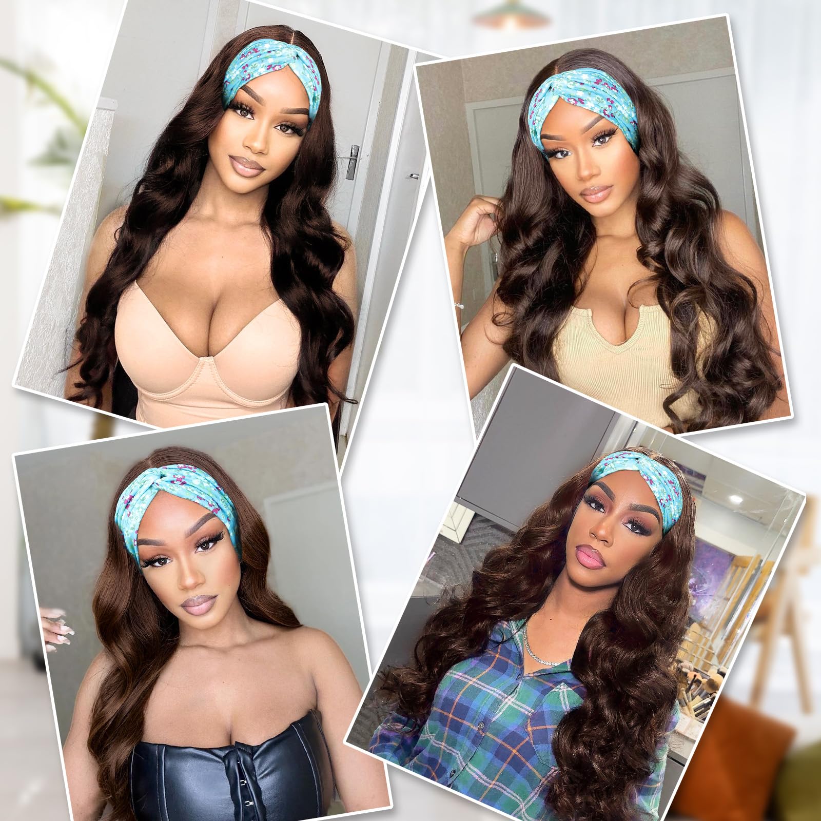 Long Wavy Headband Wig for Women Black Wigs with Brown Blonde Highlight 200% Denisty Headband Wigs Put On and Go Glueless Wig Long Synthetic Wig for Women Party Daliy Use