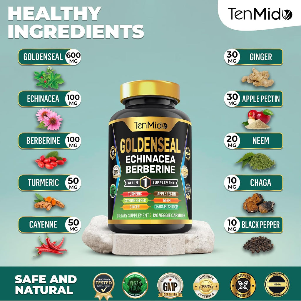 Goldenseal Root Supplement - 10in1 Formula - Combine with Echinacea, Berberine, Turmeric, Cayenne Pepper, Ginger, Apple Pectin, Neem, & More - Digestive Health Support - 120 Capsules