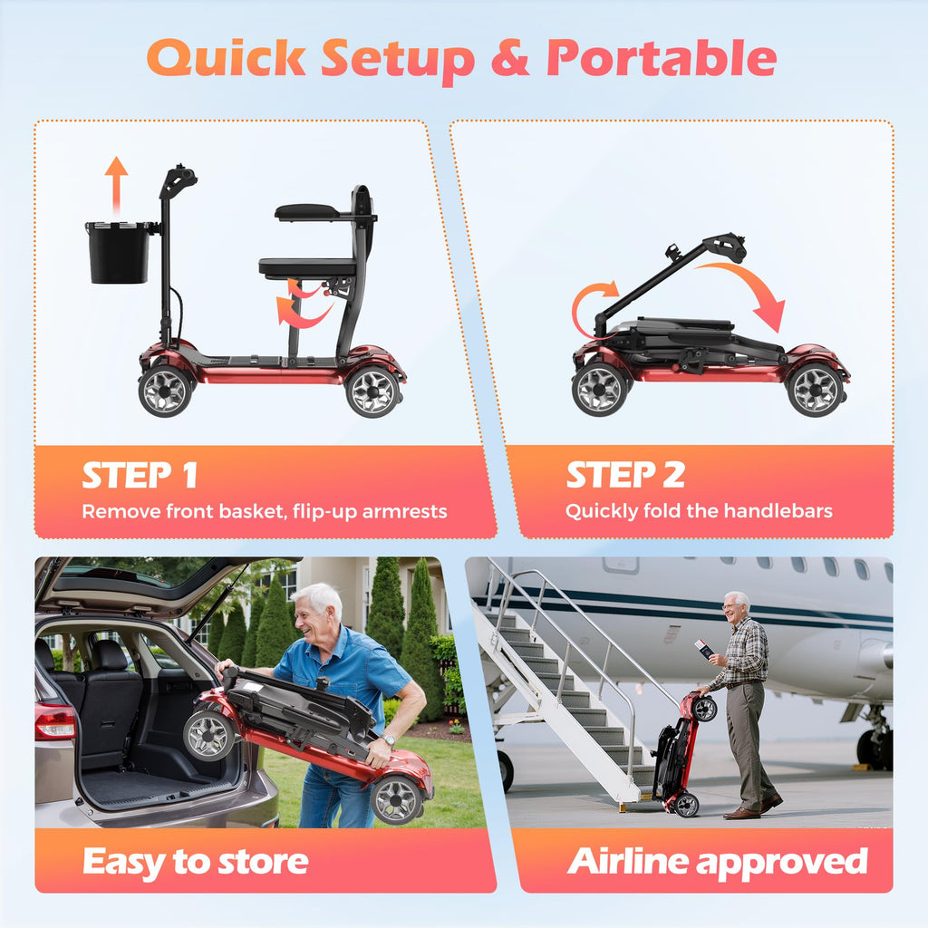 Lightweight Mobility Scooter for Seniors & Adults - Cruise & Airport Approved, 43lb Foldable Portable Motorized Scooters with Removable Lithium Battery for 12.4 Miles Travel, 300lb Capacity, Red