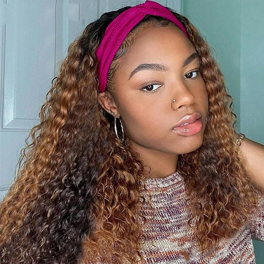 Aiterina Headband Wig Deep Wave 12 Inch Human Hair Headband Wig Curly hair Glueless Human Hair Wigs Machine Made No Lace deep Curly Headband Wigs Natural color