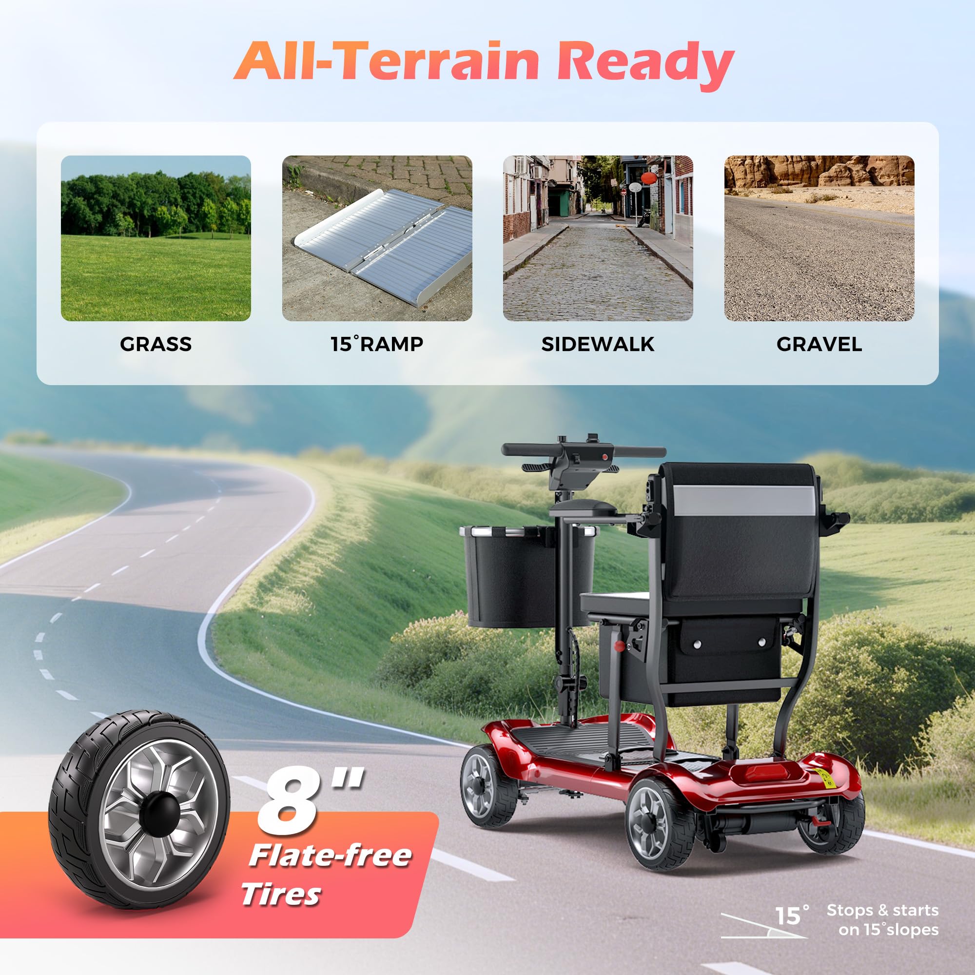 Lightweight Mobility Scooter for Seniors & Adults - Cruise & Airport Approved, 43lb Foldable Portable Motorized Scooters with Removable Lithium Battery for 12.4 Miles Travel, 300lb Capacity, Red