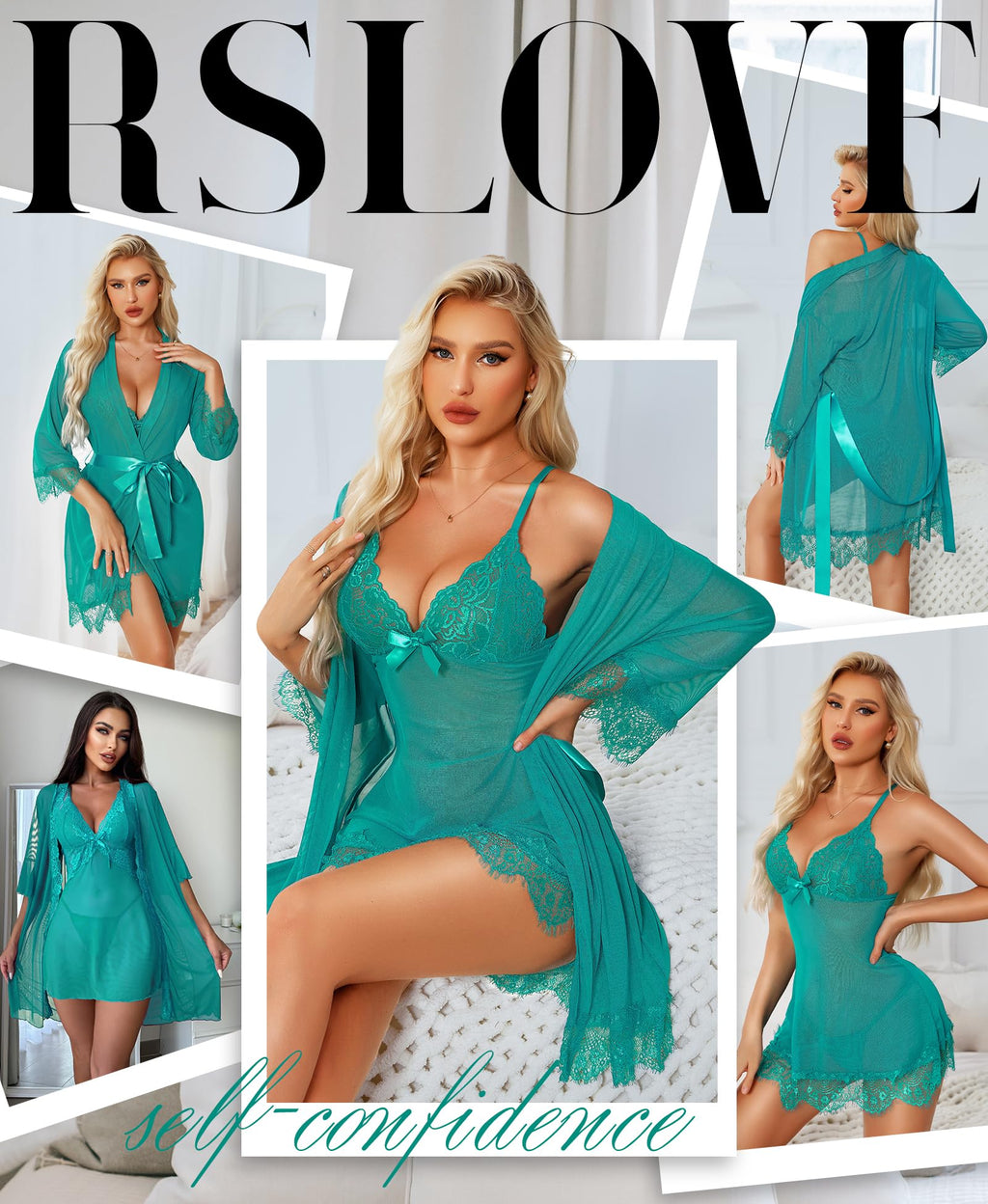 RSLOVE Women Sexy Lingerie Set 3 Piece Babydoll & Lace Kimono Robe Strap Chemise Sleepwear Mesh Nightgown