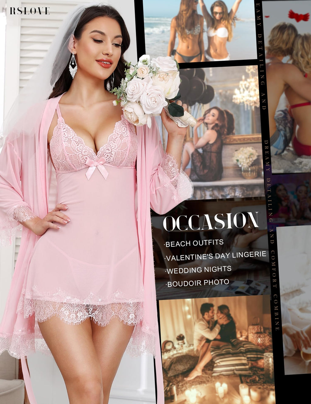 RSLOVE Women Sexy Lingerie Set 3 Piece Babydoll & Lace Kimono Robe Strap Chemise Sleepwear Mesh Nightgown
