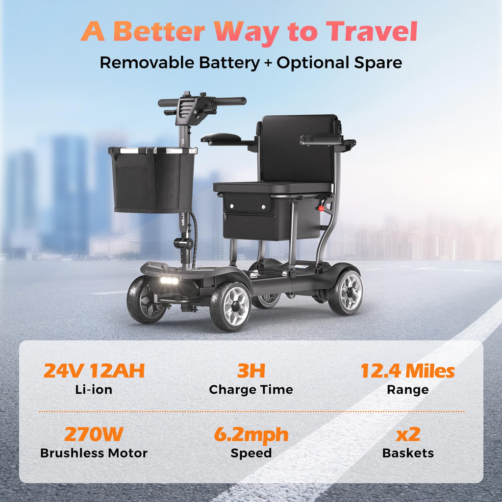 Lightweight Mobility Scooter for Seniors & Adults - Cruise & Airport Approved, 43lb Foldable Portable Motorized Scooters with Removable Lithium Battery for 12.4 Miles Travel, 300lb Capacity, Red