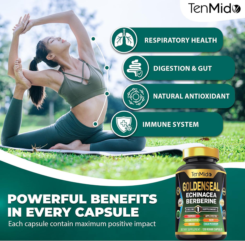 Goldenseal Root Supplement - 10in1 Formula - Combine with Echinacea, Berberine, Turmeric, Cayenne Pepper, Ginger, Apple Pectin, Neem, & More - Digestive Health Support - 120 Capsules
