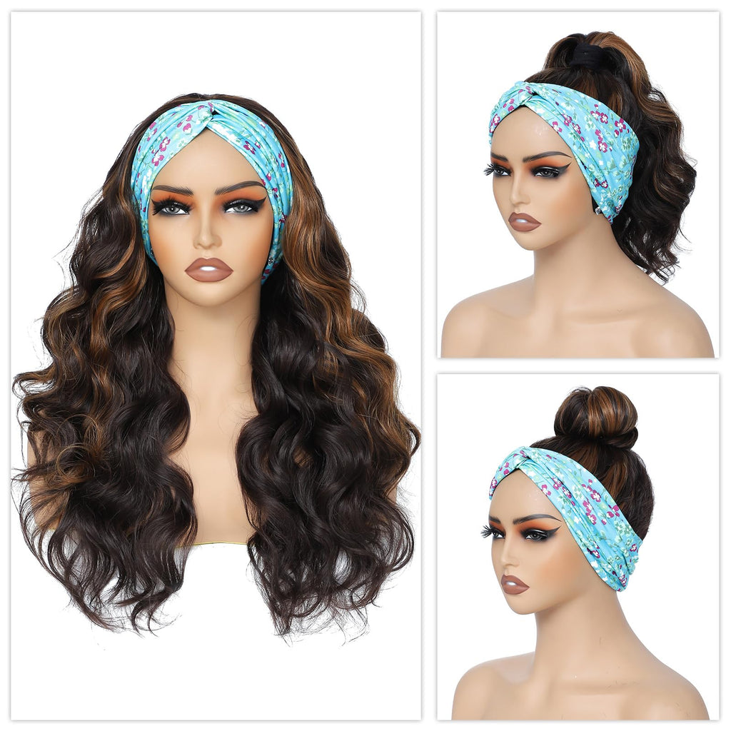 Long Wavy Headband Wig for Women Black Wigs with Brown Blonde Highlight 200% Denisty Headband Wigs Put On and Go Glueless Wig Long Synthetic Wig for Women Party Daliy Use