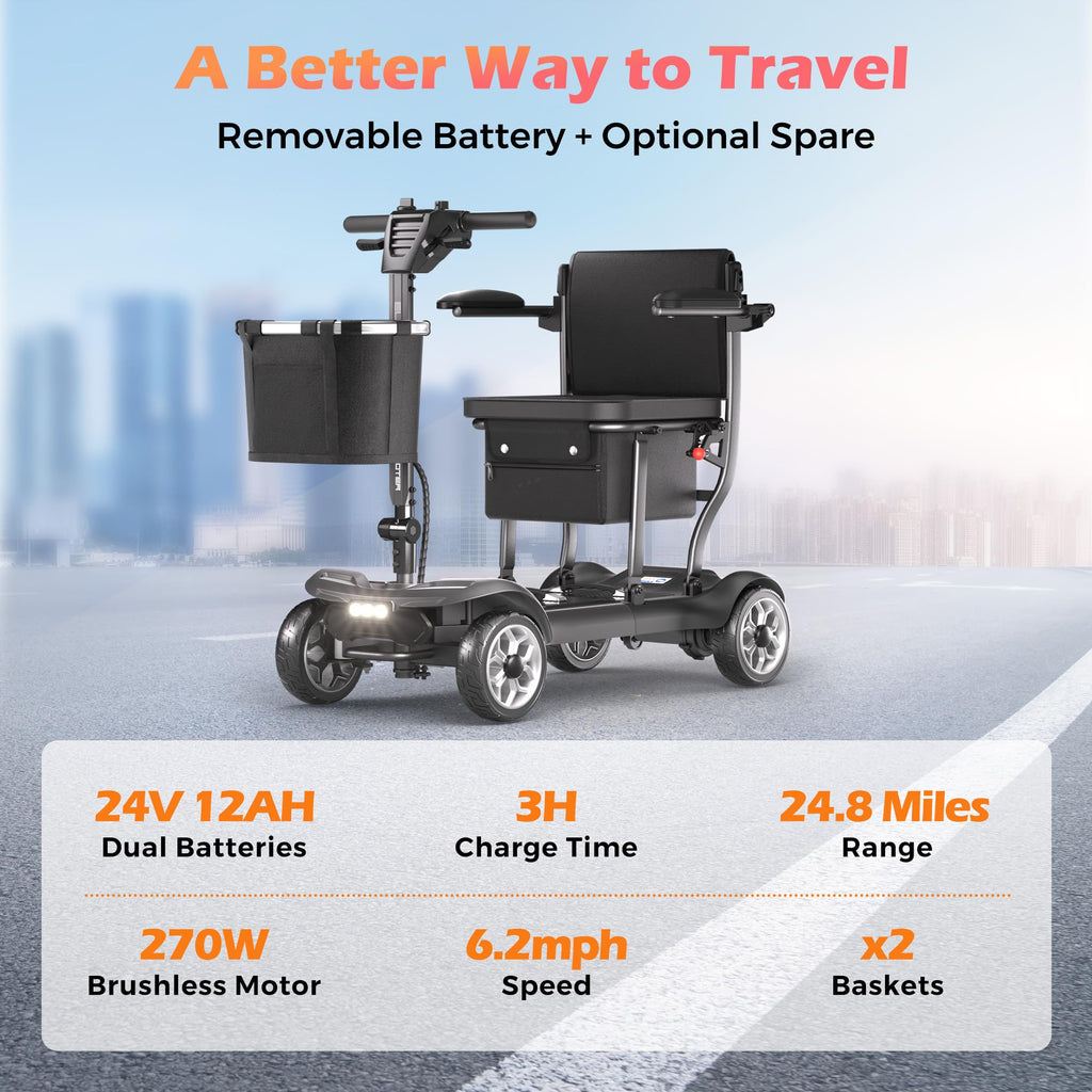 Lightweight Mobility Scooter for Seniors & Adults - Cruise & Airport Approved, 43lb Foldable Portable Motorized Scooters with Removable Lithium Battery for 12.4 Miles Travel, 300lb Capacity, Red