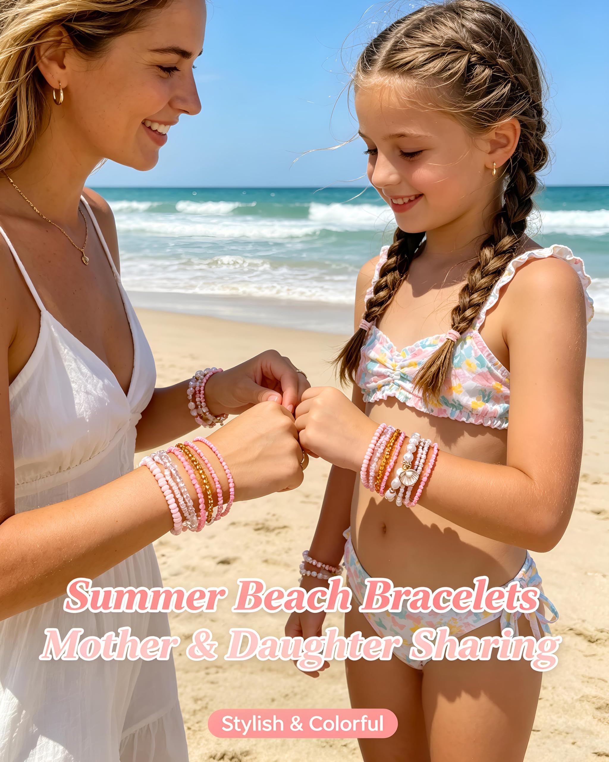 FAXHION Boho Gold Beaded Bracelets for Women, Starfish & Shell Pendant Bracelet Stack, Gold Bracelet Set Summer Beach Jewelry Gifts